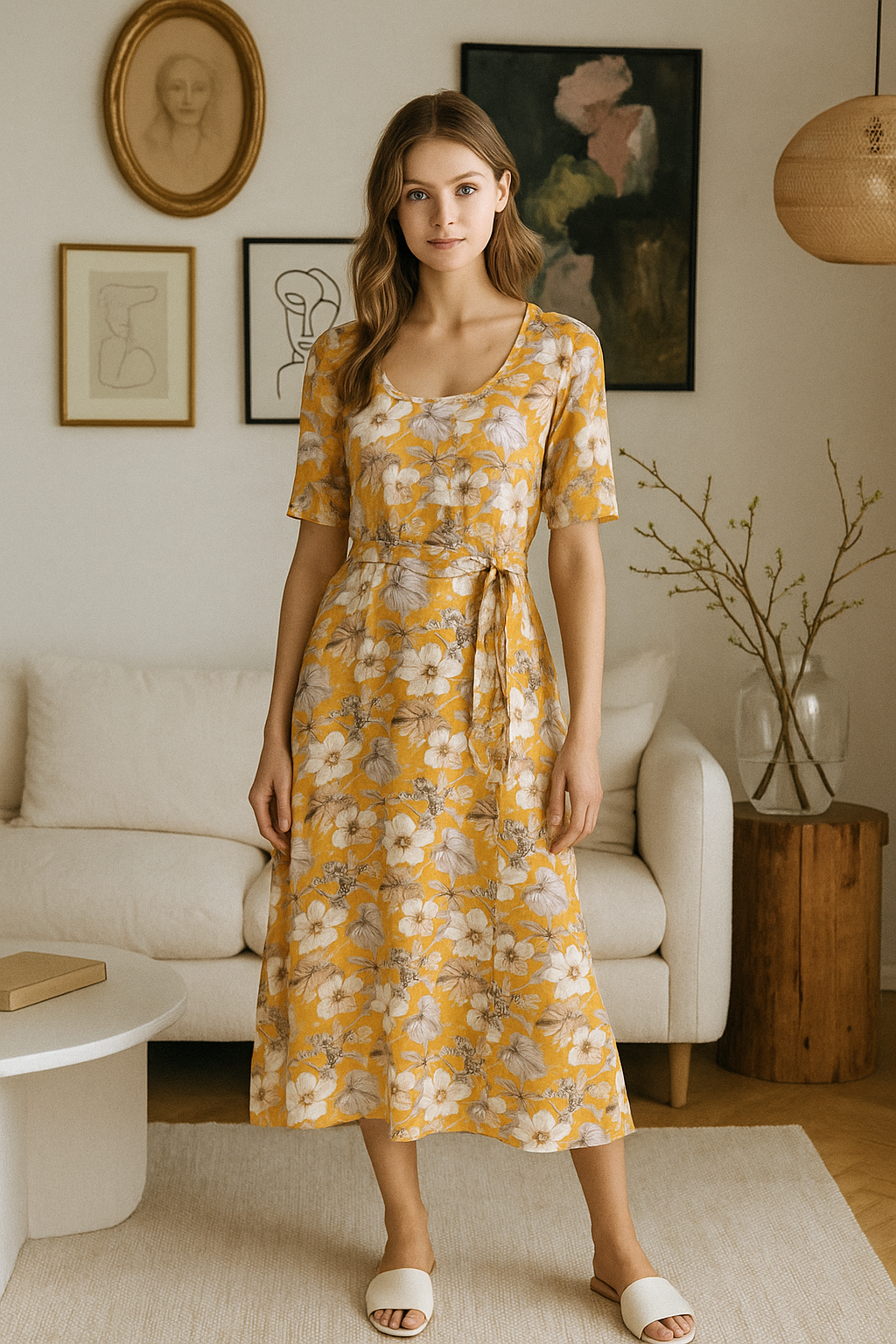 "Sunshine bloom yellow floral dress with pockets & belt"