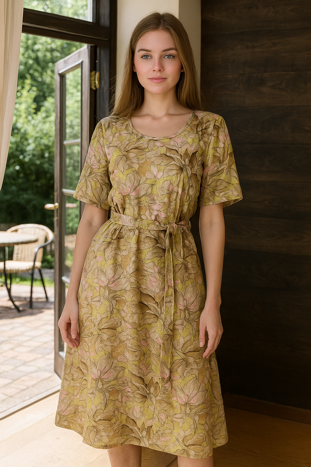 Green bloom belted floral dress with pockets and waist belt
