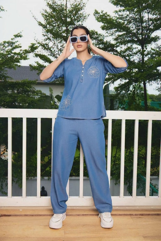 ✨ Exclusive Blue Denim Embroidered Co-ord Set ✨